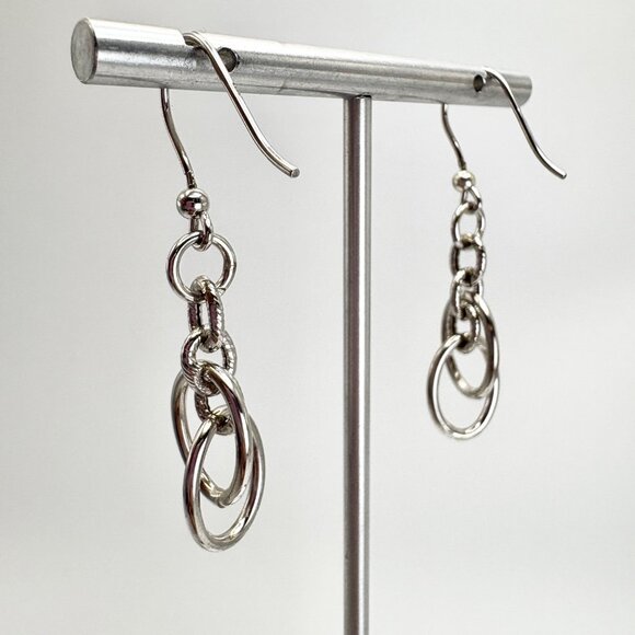 VTG Solid Sterling Silver 925 Oval Round Link Dangle Earrings 1.75" Length - Picture 5 of 11